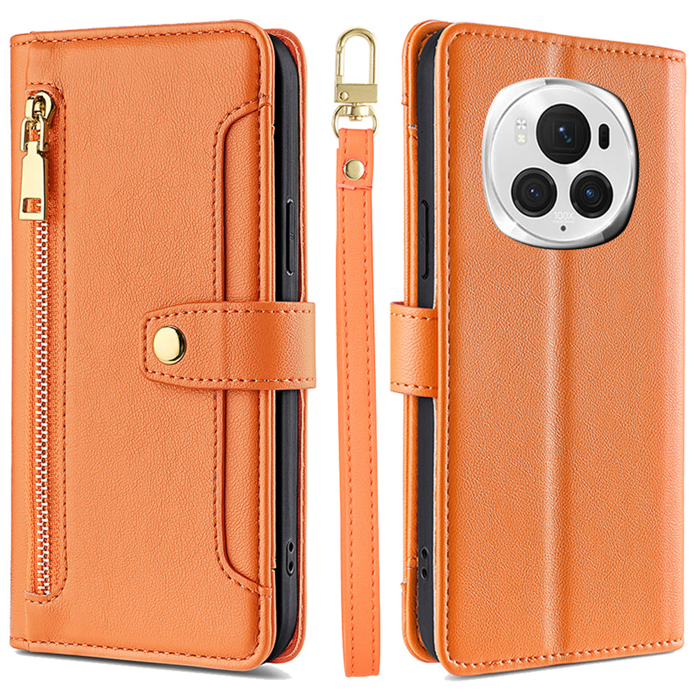 For Honor Magic6 Pro 5G Case Zipper Pocket Wallet Anti-Drop Leather Phone Cover with 2 Straps For Honor Magic6 Pro 5G Case Zipper Pocket Wallet Anti-Drop Leather Phone Cover with 2 Straps